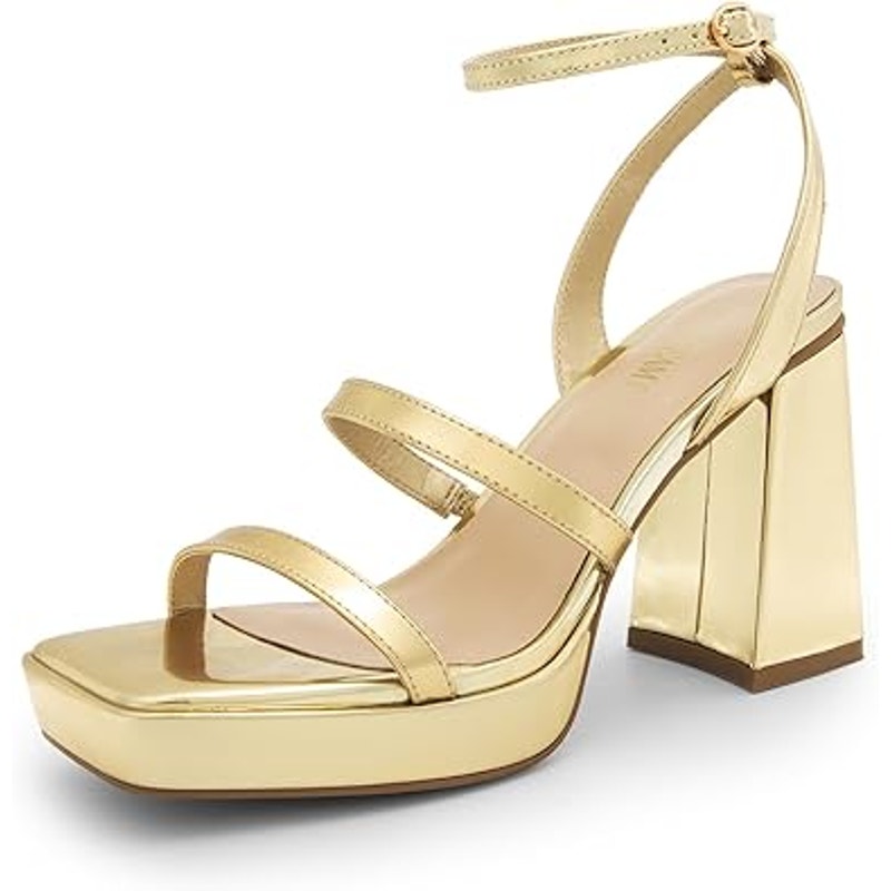 Dream Pairs Womens Size 6.5 Gold Open Toe 4" Block Heel Ankle Strap Sandal Shoes