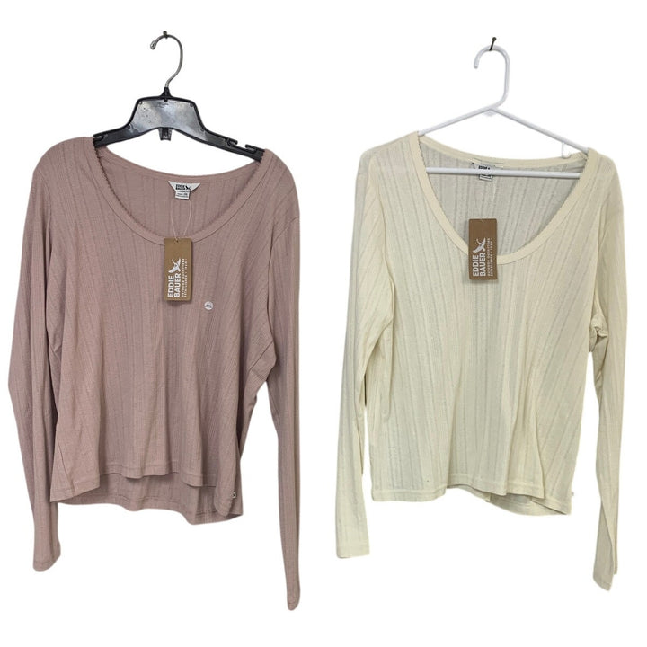New Eddie Bauer Womens XXL Ivory Plum Perfect Pointelle Long Sleeve Shirts