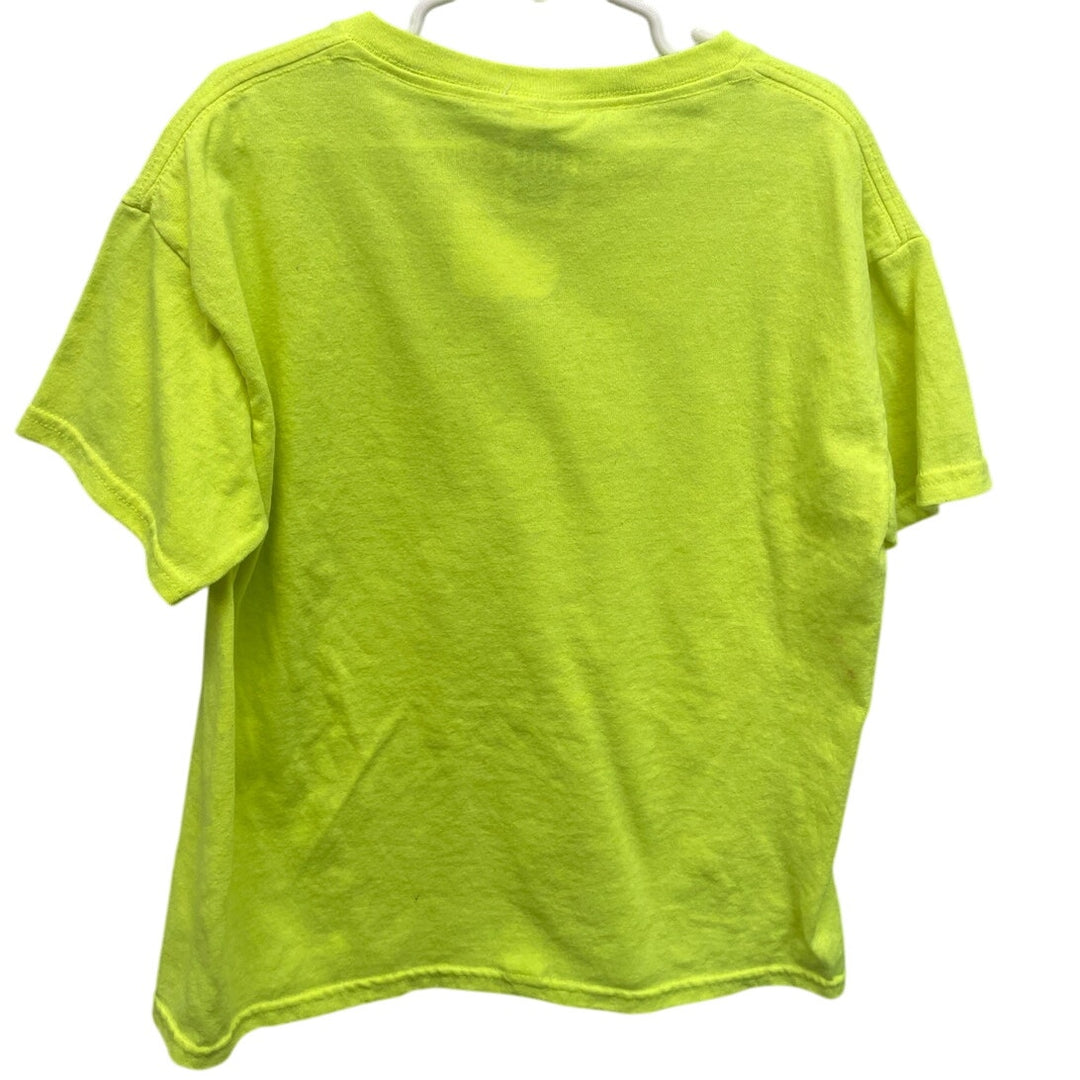 Hand Printed Upcycled Youth Medium Here Comes Chaos Neon Yellow Tee Shirt