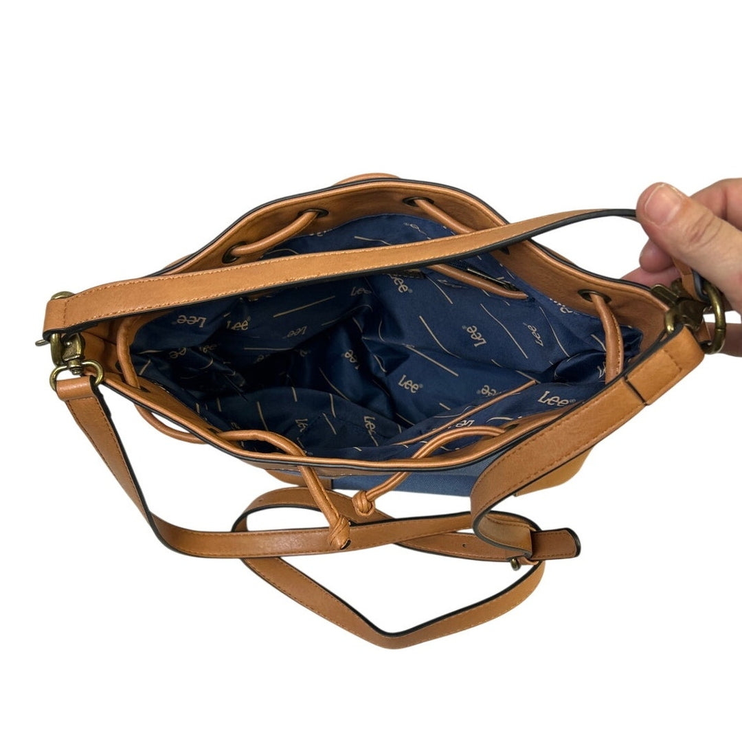 Lee Womens Blue Denim Fabric Adjustable Strap Crossbody Bucket Tote Handbag