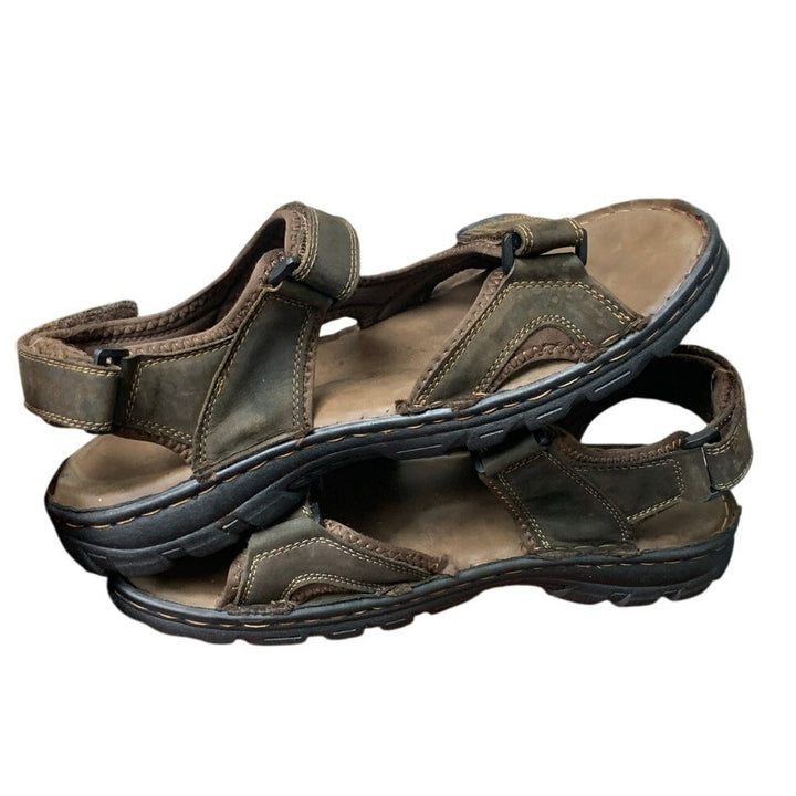 Jousen Mens 13 Brown Sandals Faux Leather Open Toe Hook Loop &amp; Fastener Shoes
