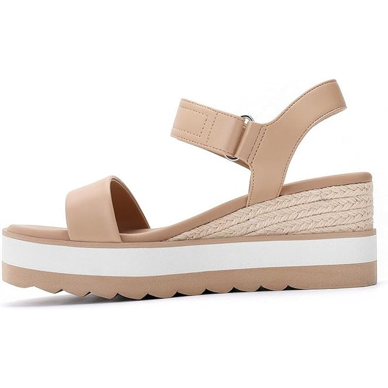 Athlefit Womens Size 6.5 Tan Hook Loop 2.5" Platform Open Toe Espadrille Sandals