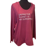 Hand Printed Upcycled Womens 2X Saving the Planet Superpower Activewear Hoodie