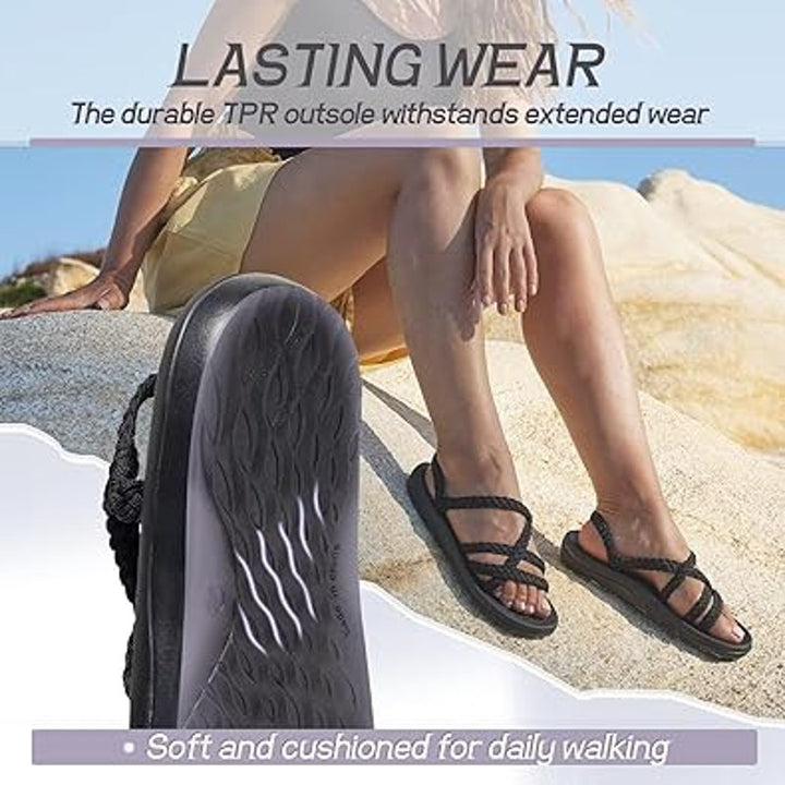 New Megnya Womens 7.5 Black Braided Strap Open Toe Slide On Cushioned Sandals