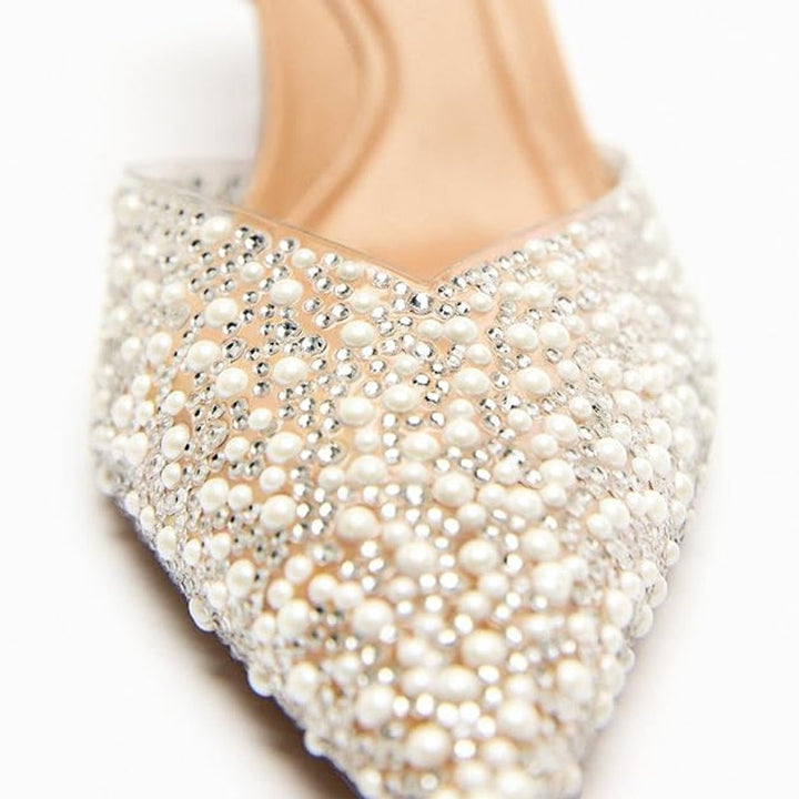Yiya Womens 7.5 Clear Silver White Studded Pointed Toe Slingback 3" Heels Shoes