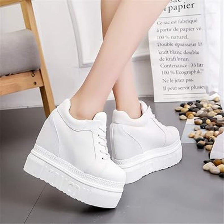 New Ace Shock Womens Size 7.5 White Canvas Hidden 5" Heel Wedge Platform Shoes