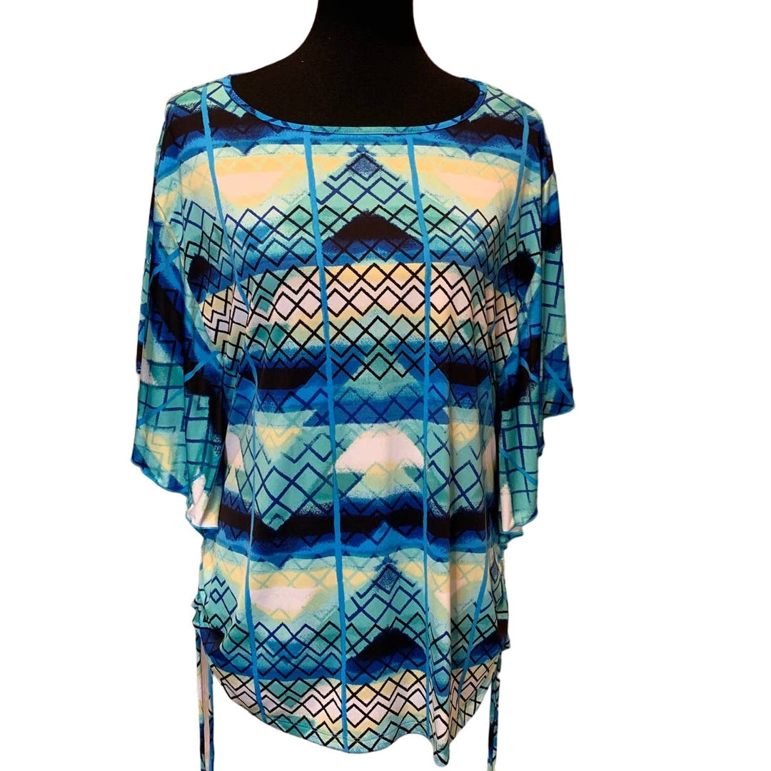 Style &amp; Co Large Stretch Polyester Flutter Sleeve Geometric Side Ruched Top