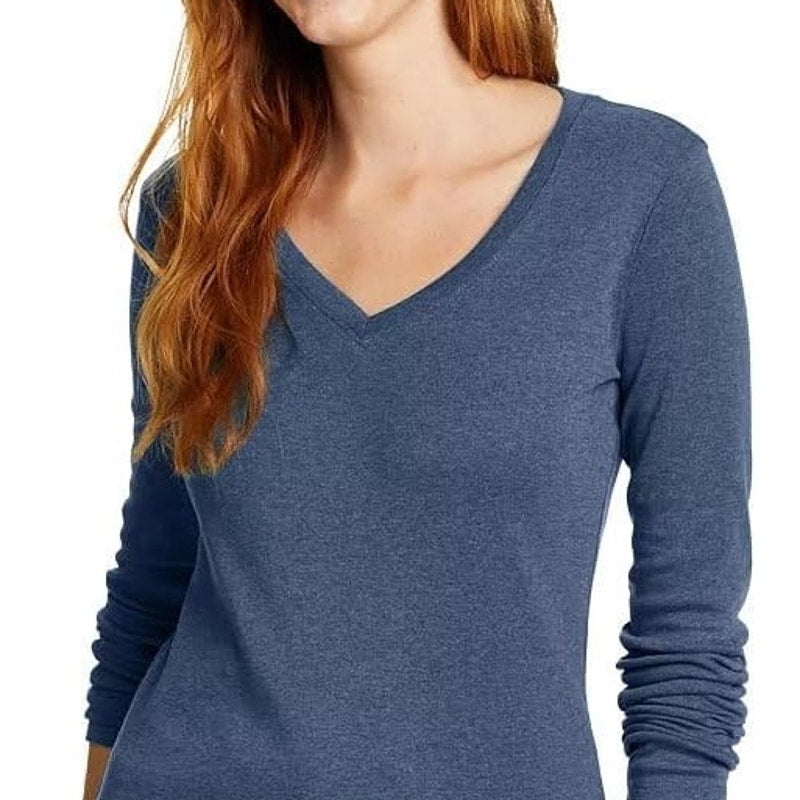 New Eddie Bauer Womens Dusty Indigo Blue Favorite Long Sleeve V-Neck Tee