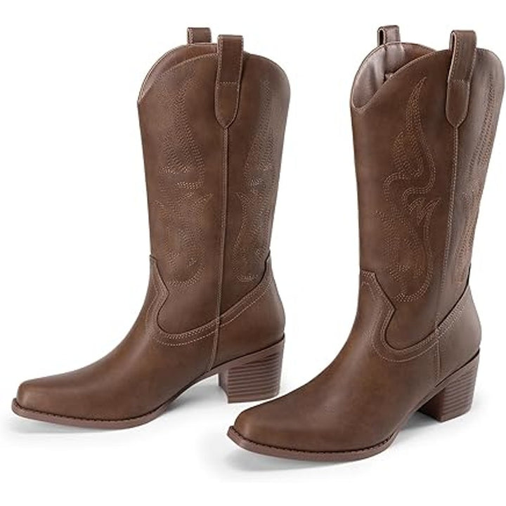 Dream Pairs Womens Size 7.5 Brown 2.5" Chunky Heel Pull On Western Cowboy Boots