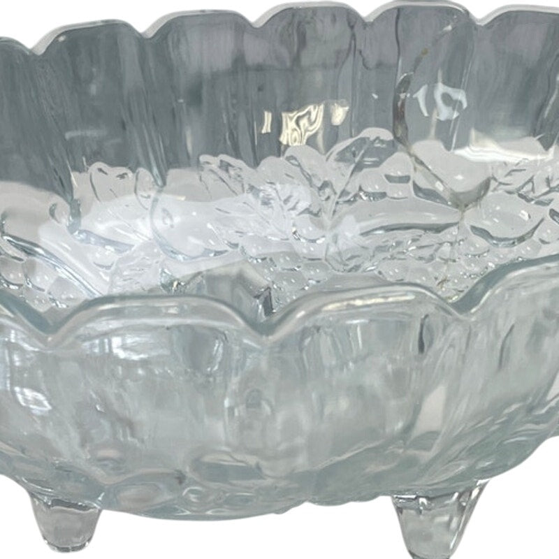 Vintage Oval Footed Cut Glass Scalloped Edge Floral Leaf Serving Bowl Dish