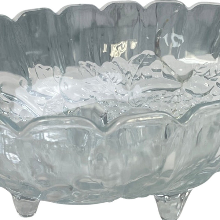 Vintage Oval Footed Cut Glass Scalloped Edge Floral Leaf Serving Bowl Dish
