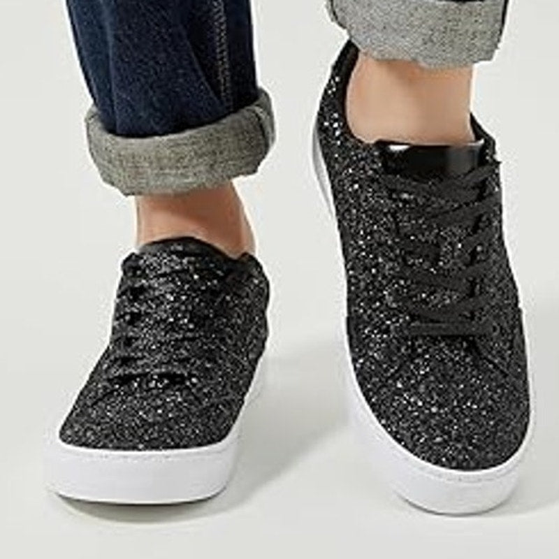 Jeekopeg Womens Size 6 Black Glitter Sparkly Lace Up Low Cut Sneaker Shoes