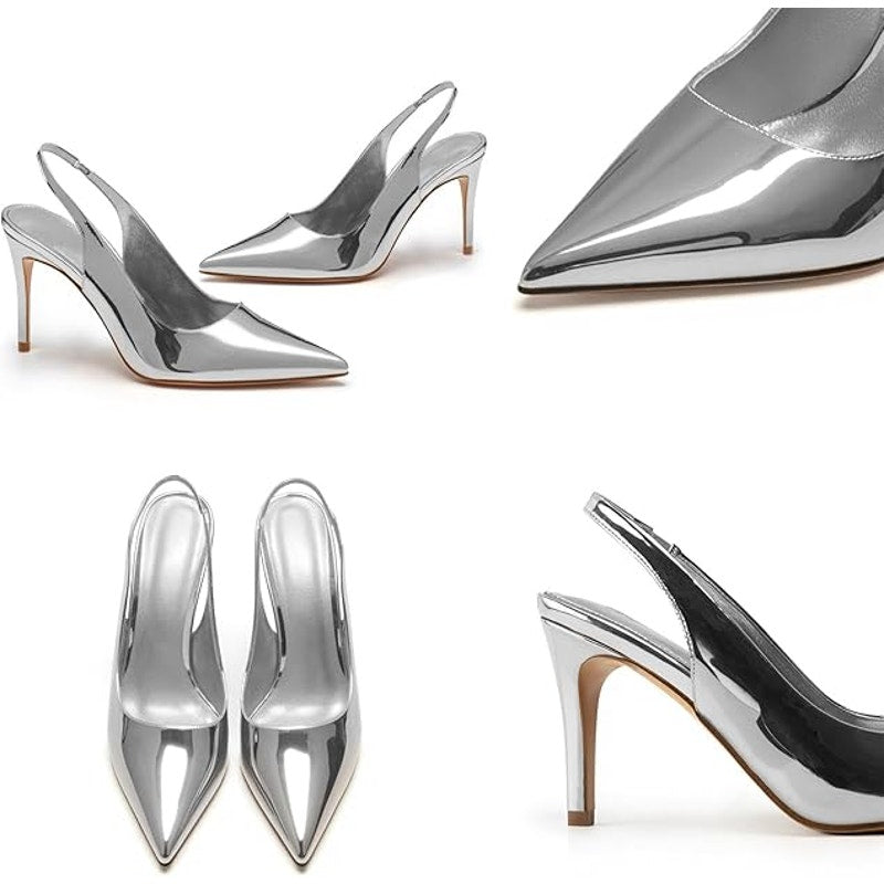 HeelChic Womens Size 6.5 Silver Mirror Slingback 4" Heel Pointy Toe Pumps Shoes