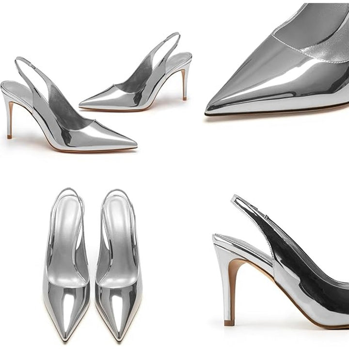 HeelChic Womens Size 6.5 Silver Mirror Slingback 4" Heel Pointy Toe Pumps Shoes