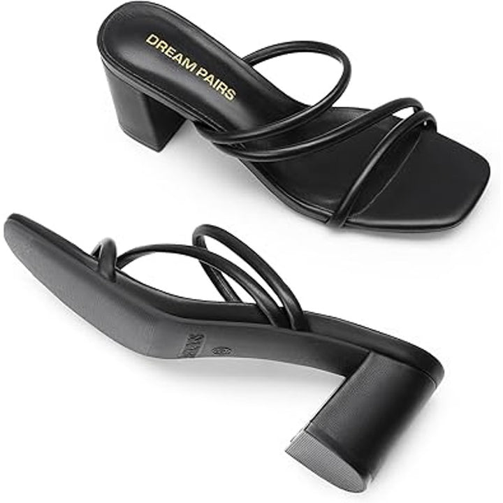 New Dream Pairs Womens 9 Black Faux Leather Open Toe Slide On 3" Block Heels