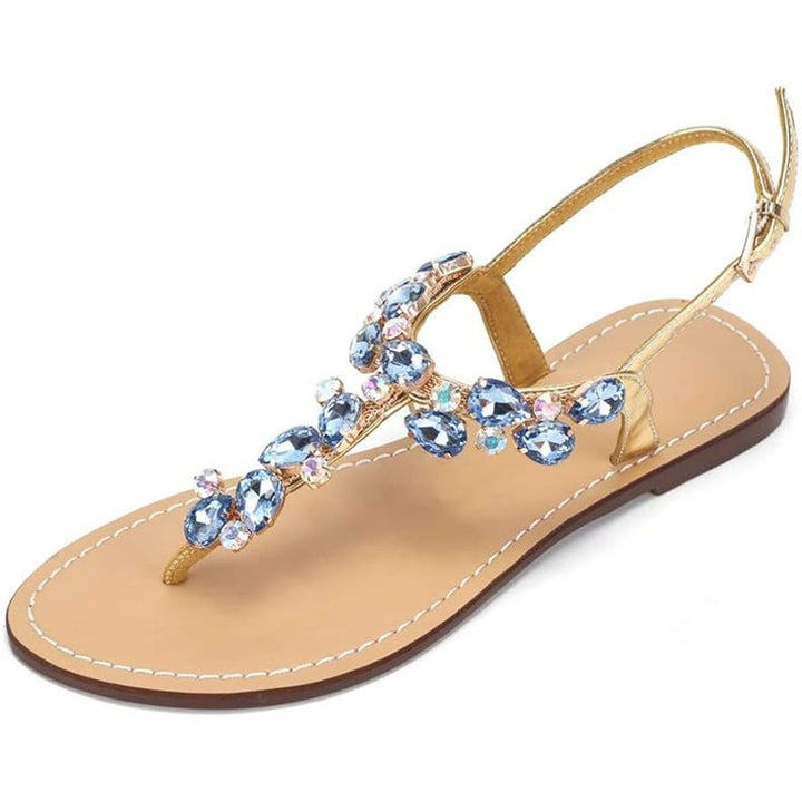 Aijivou Womens Size 8.5 Blue Rhinestone Sandals Flip Flop Open Round Toe Shoes