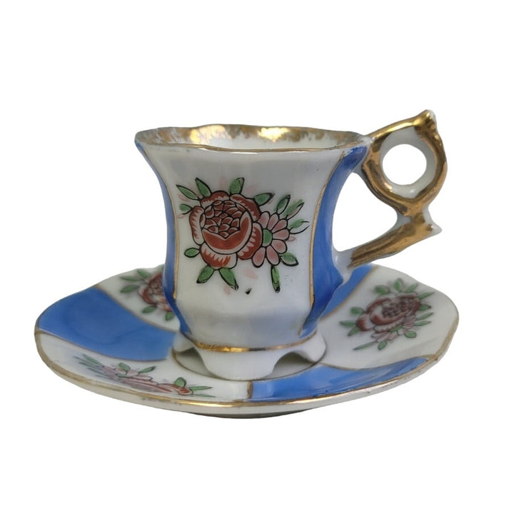 Vintage Victoria Ceramics Japan Blue Stripe Gold Rim Floral Teacup Saucer Set
