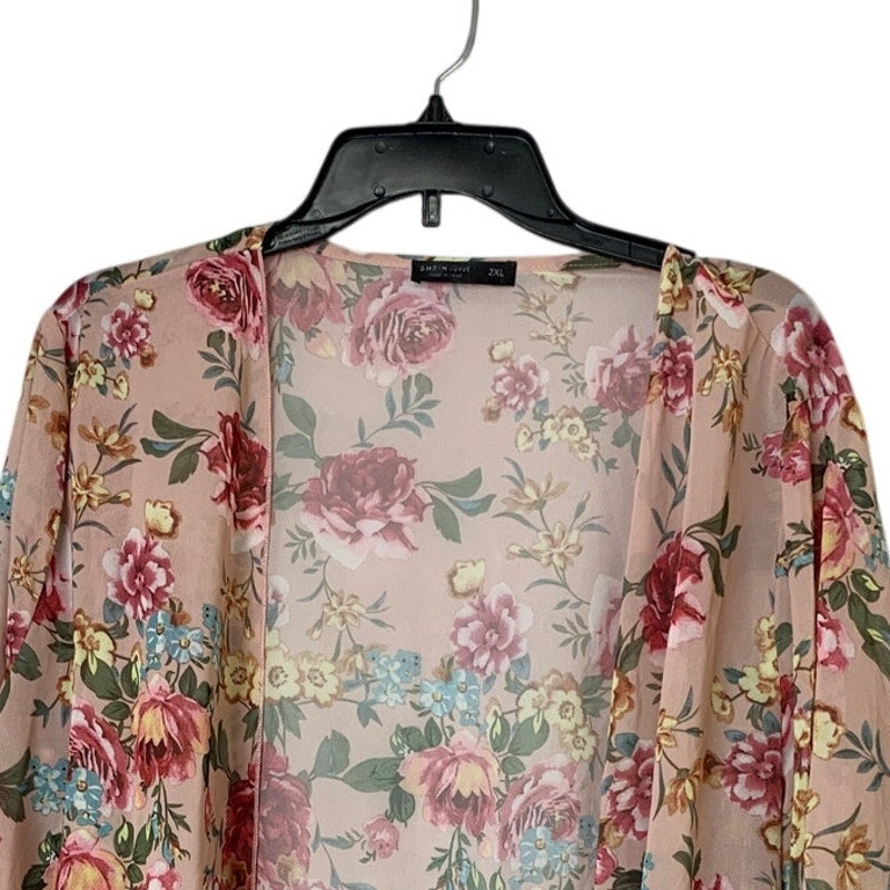 Shein Curve Womens 2XL Pink Rose Floral Long Sleeve Open Front Cardigan