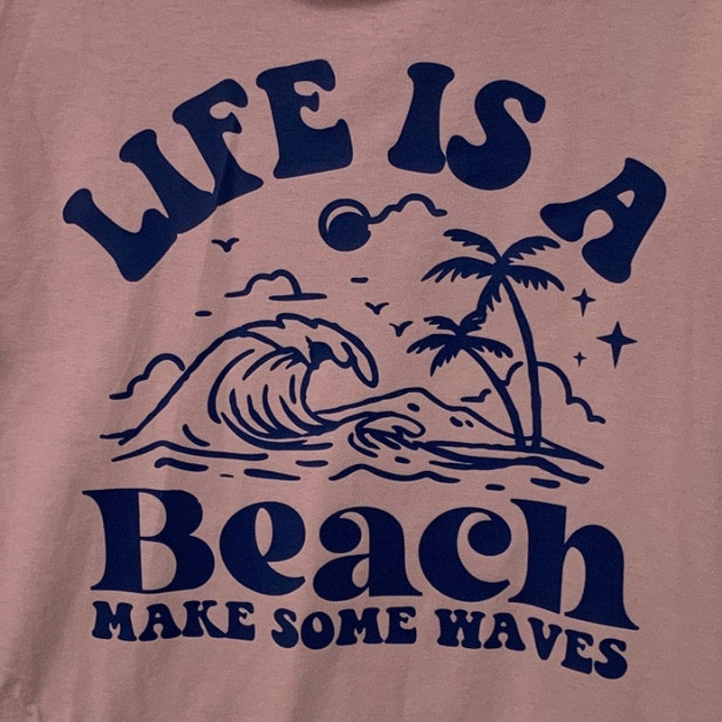 New Upcycled Hand Printed Womens Medium Life Is A Beach Crew Neck Rugged Tee