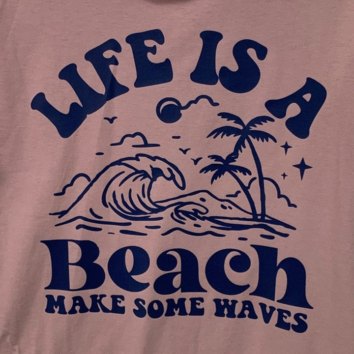 New Upcycled Hand Printed Womens Medium Life Is A Beach Crew Neck Rugged Tee