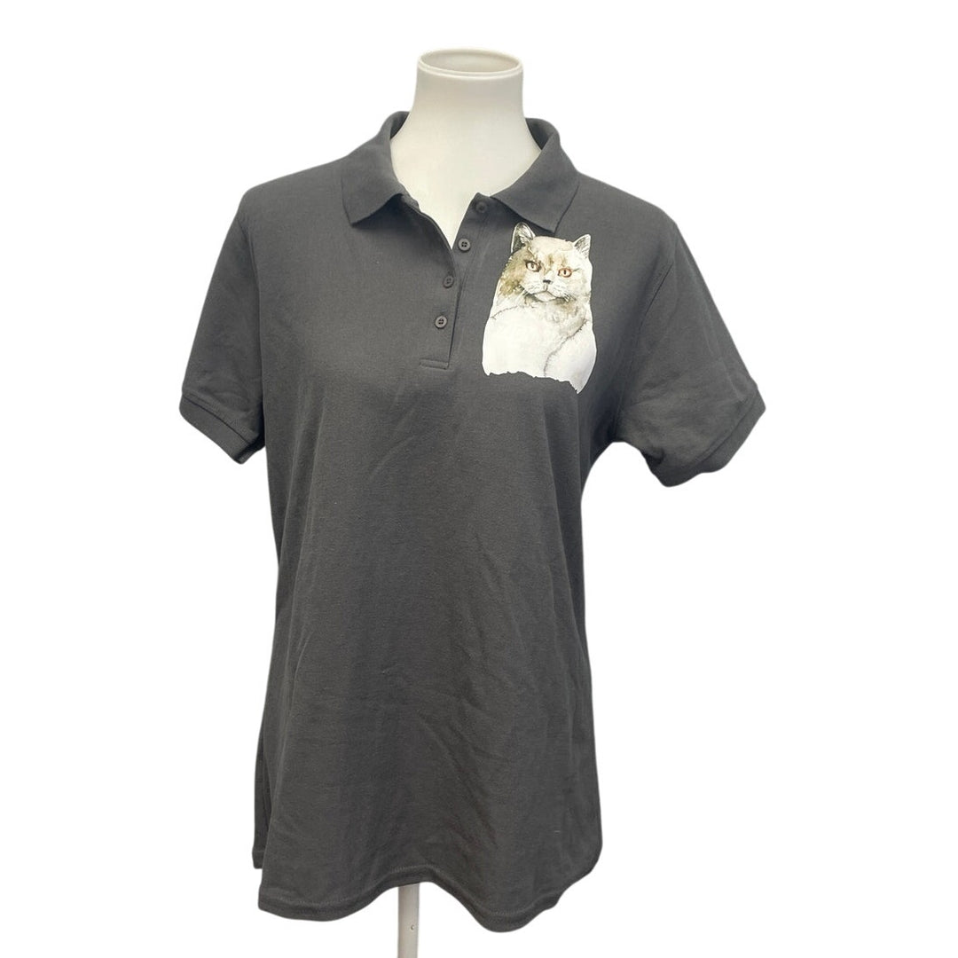 New Hand Printed Upcycled Womens Large Smoky Gray Cat Collared Polo Shirt