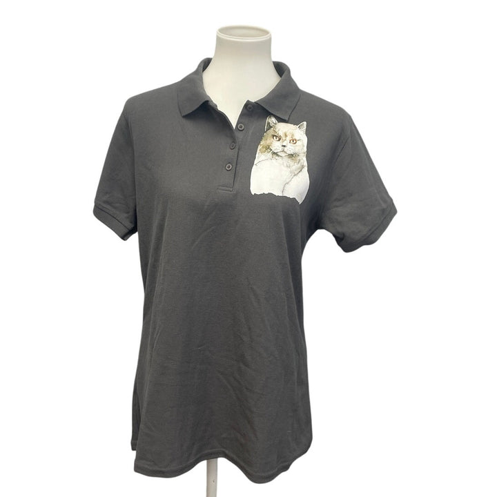 New Hand Printed Upcycled Womens Large Smoky Gray Cat Collared Polo Shirt