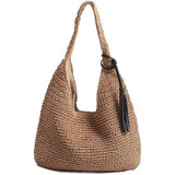 Woven Large Boho Rattan Straw Tote Lined Beach Shoulder Bag w Black Tassels
