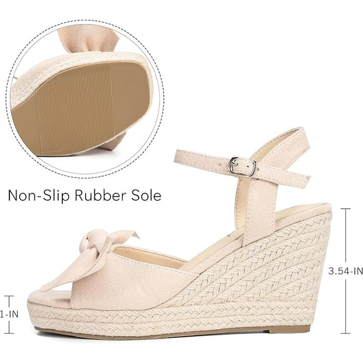 Girgod Womens Size 9 Pink Tan 3.5" Wedge Sandal Bow Ankle Strap Open Toe Shoes