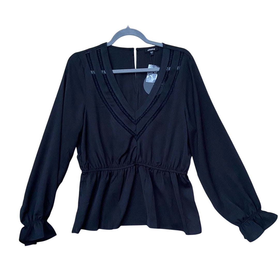 NWT New Mitto Shop Womens Medium Black V-Neck Lace Trim Peplum Blouse Top