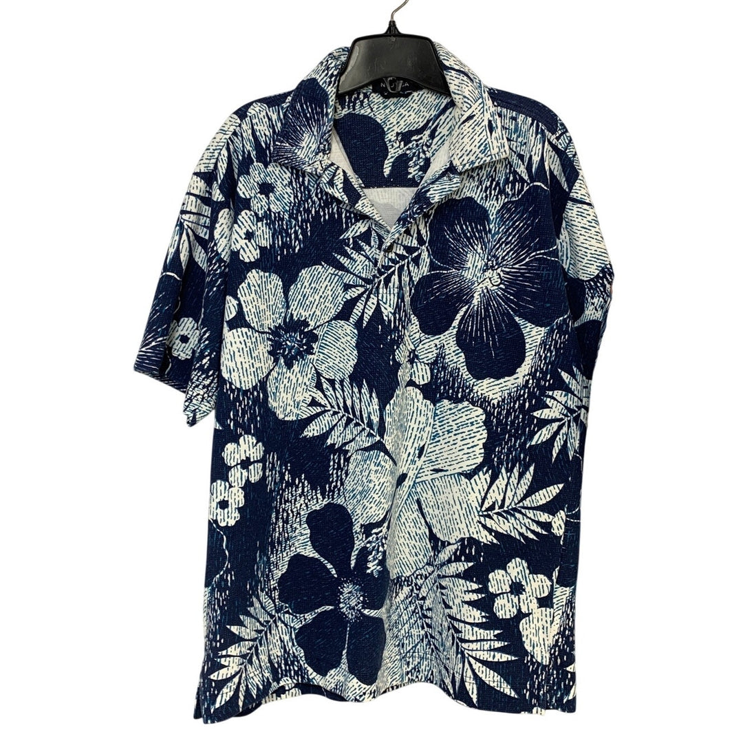 Lot of 2 Nautica Mens XL Blue Floral Tropoical Fern Short Sleeve Polo Shirts EUC