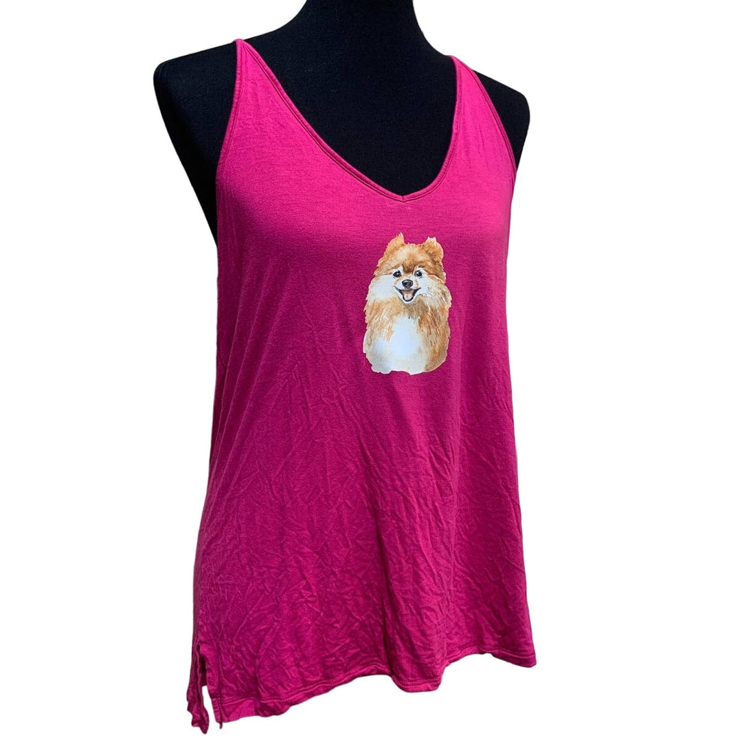 Hand Printed Upcycled Medium Pomeranian Puppy Dog Crochet Back Pink Tank Top