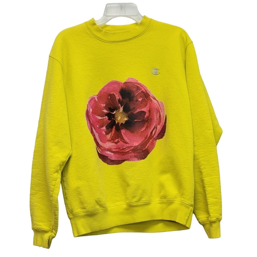 Hand Printed Upcycled Mens Medium Watercolor Peony Flower Long Sleeve Sweatshirt