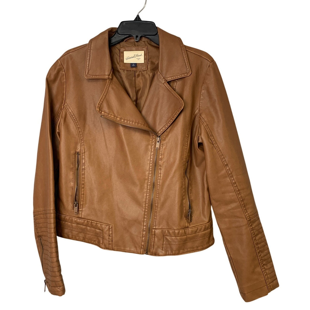 Universal Thread Womens Medium Brown Faux Leather Long Sleeve Cropped Jacket