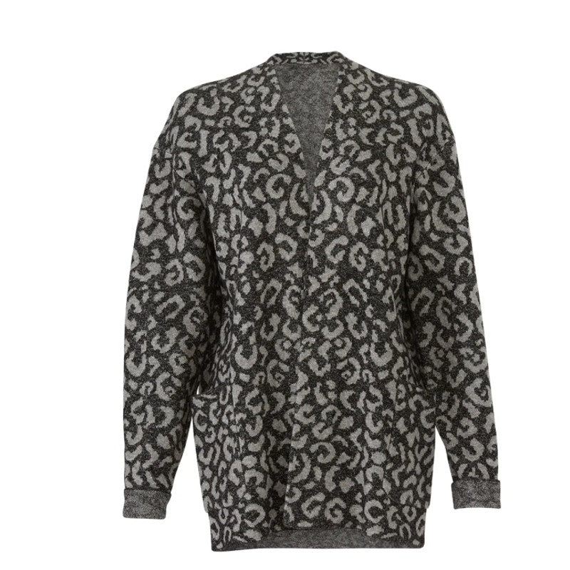 Michael Stars Womens Large Leopard Print Long Sleeve Open Front Cardigan Sweater