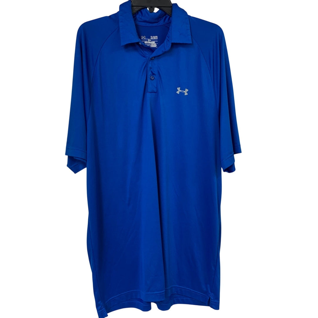 2 Under Armour Mens XL Blue Yellow Loose Heat Gear Short Sleeve Polo Shirts EUC