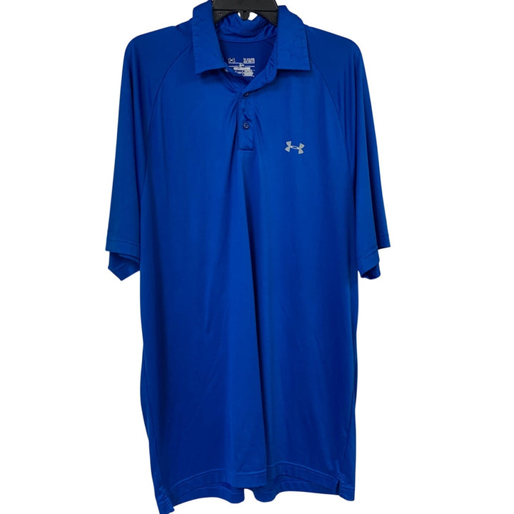 2 Under Armour Mens XL Blue Yellow Loose Heat Gear Short Sleeve Polo Shirts EUC