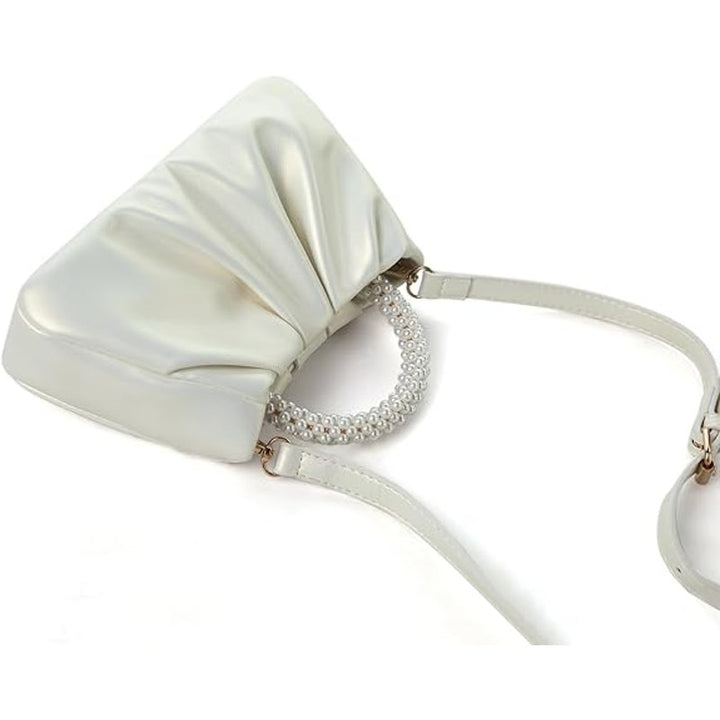 New Shiny Gold White Pearl Beautiful Small Evening Faux Leather Handbag Purse