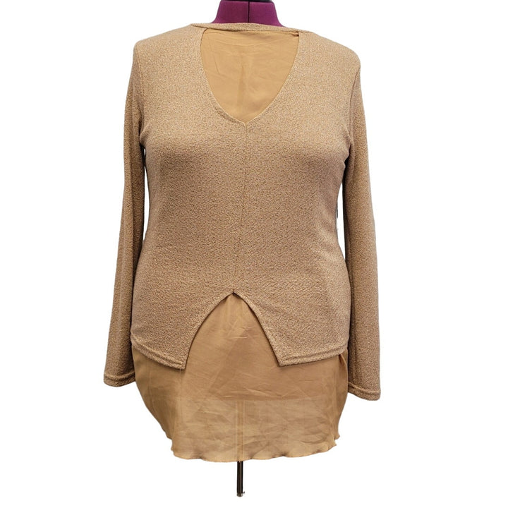 Womens XL Long Sleeve Metallic Gold Glitter Layered Pullover Knit Sweater