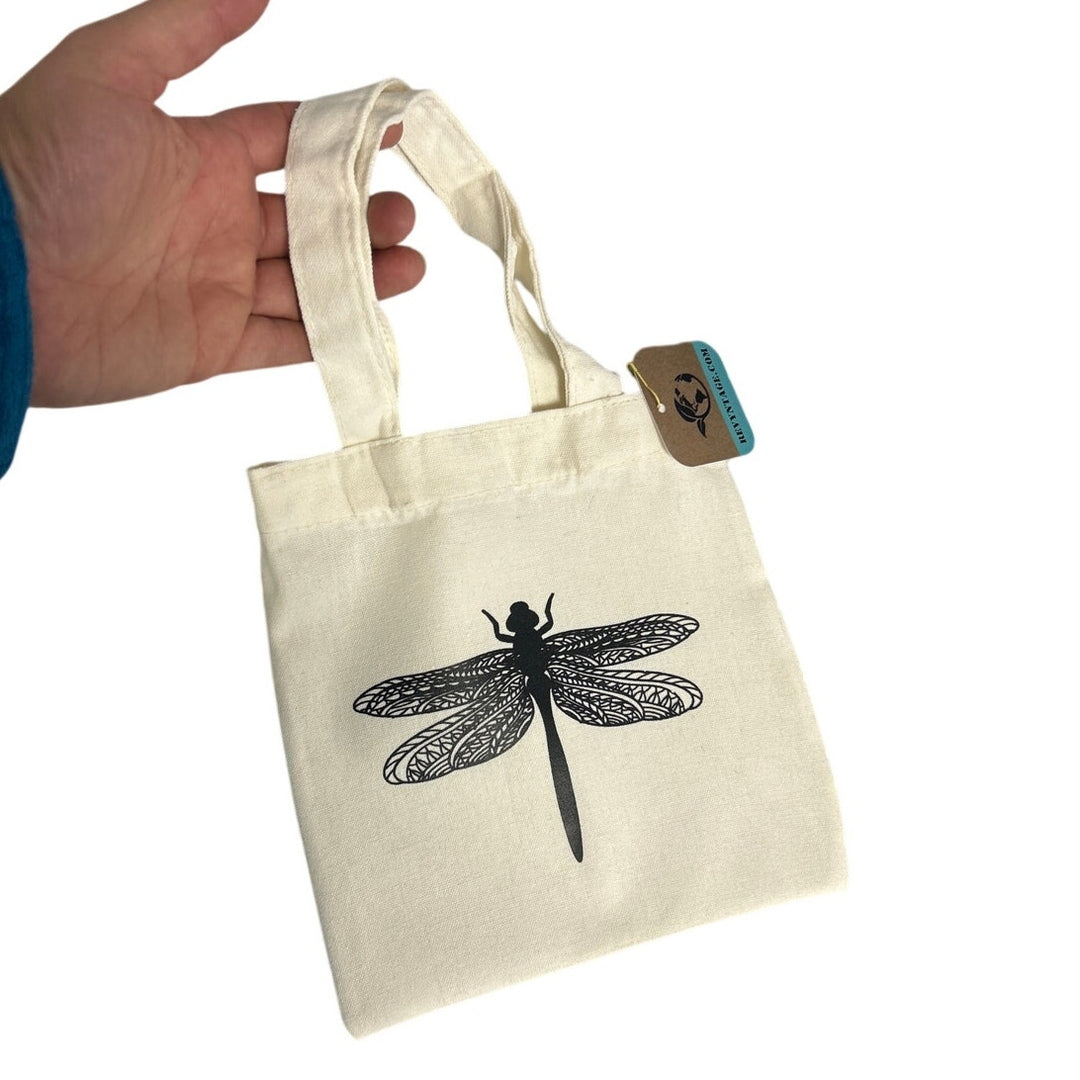 New Hand Printed Dragonfly Double Sided Handle Super Mini Canvas Tote Gift Bag