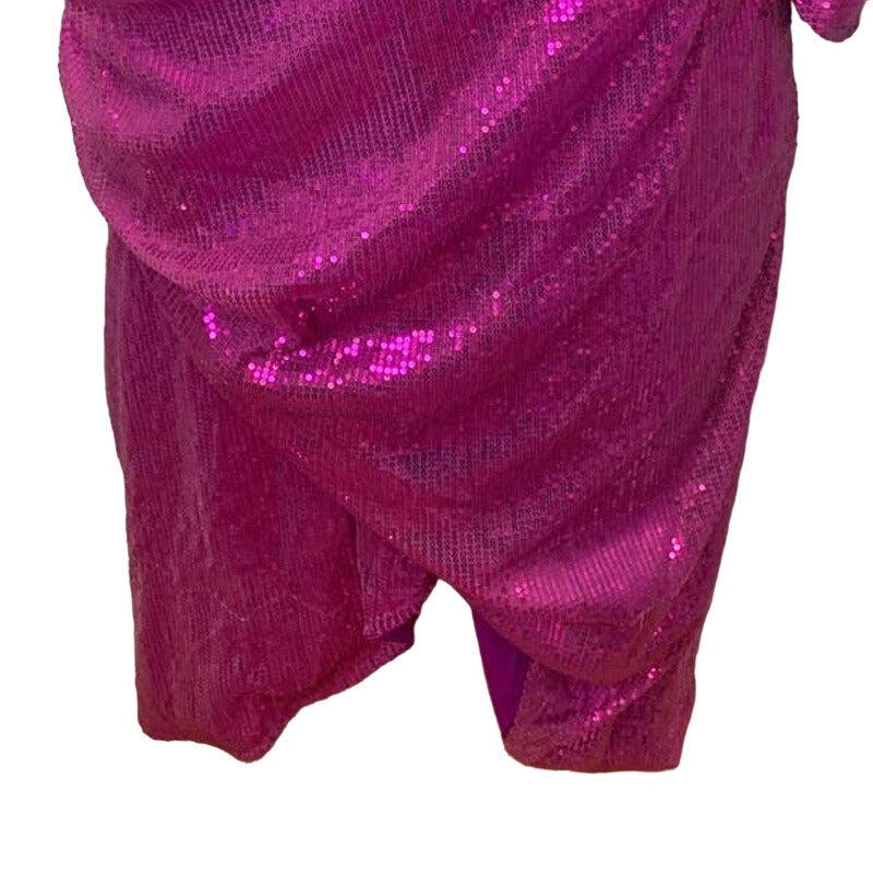 XPlus Wear Plus Size 5X One Shoulder Pink Sequin Swooping Long Sleeve Dress