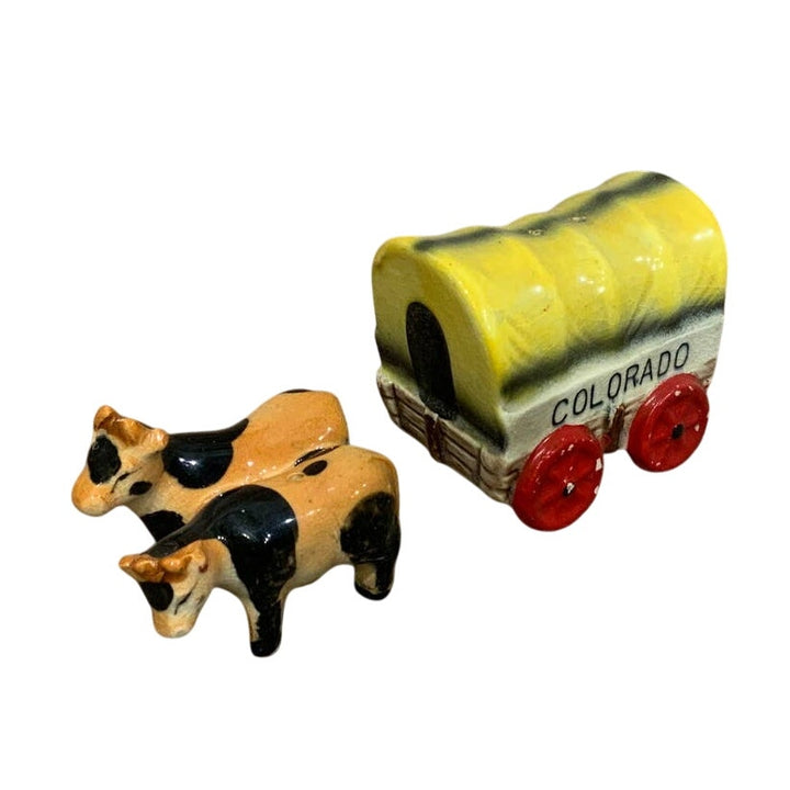 Vintage Victoria Ceramics Japan Cow Covered Wagon Salt Pepper Shaker Set