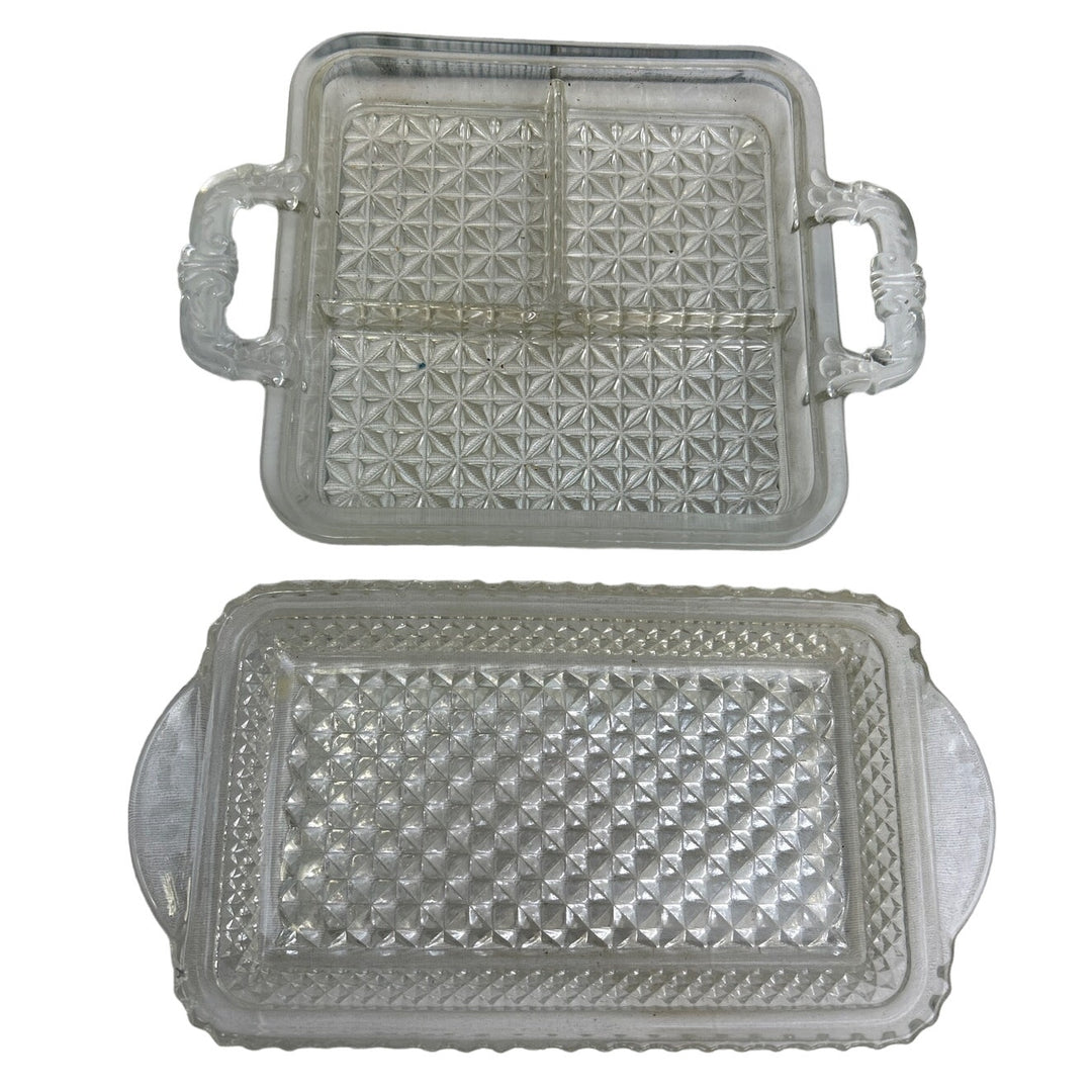 2 Vintage Clear Starburst Glass Appetizer Relish Olive Pickle Food Serving Trays