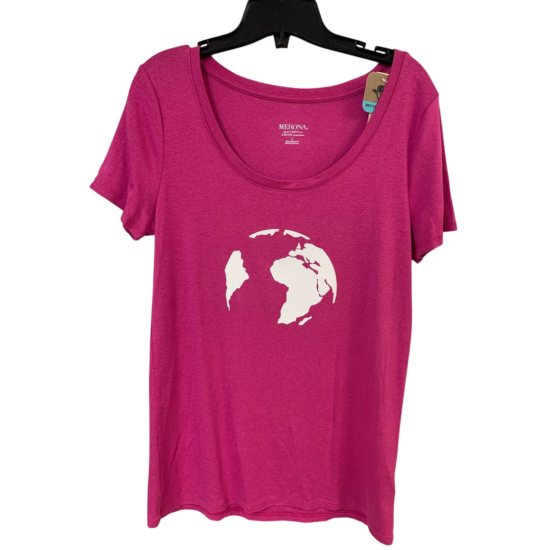 New Hand Printed Womens Large Pink Save The Earth World Short Sleeve Tee Shirt