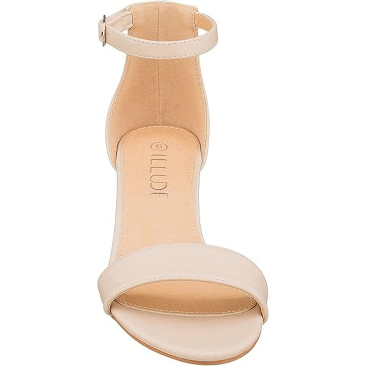 ILLUDE Womes 8.5 Nude Tan Open Toe Ankle Strap Low Block Chunky Heels Sandals