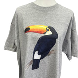 Upcycled Hand Printed Mens 2XL Tropical Toucan Bird PolyCotton Short Sleeve Tee