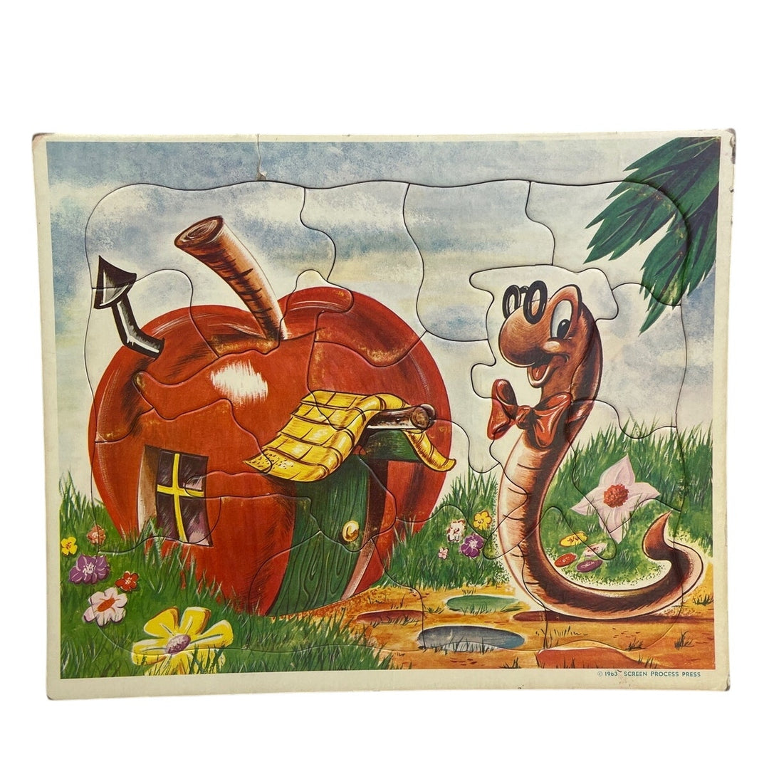 Vintage 1963 Screen Process Press School Worm Apple Home Cardboard Jigsaw Puzzle