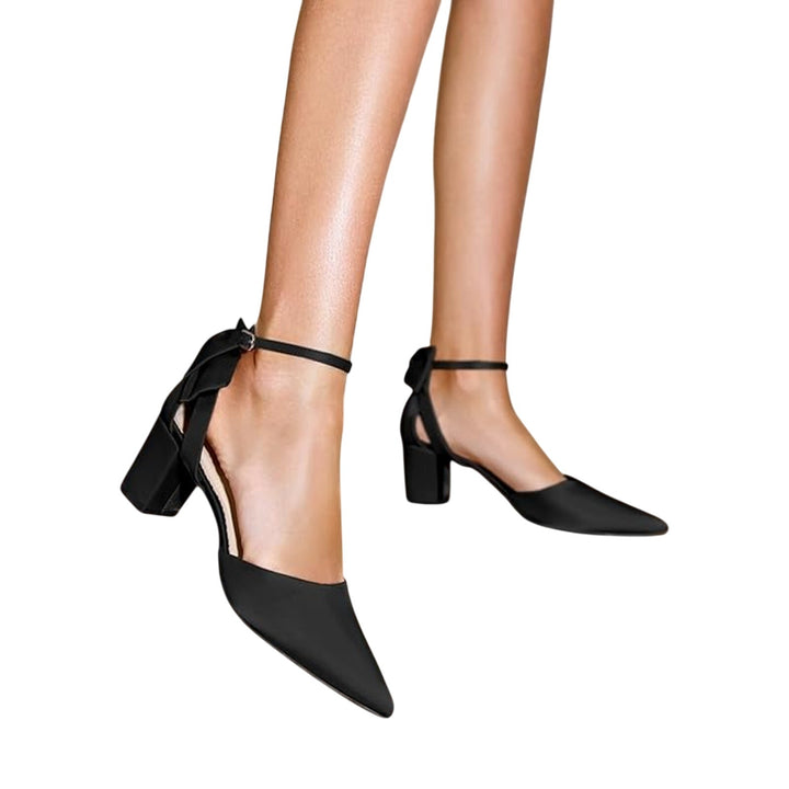 Coutgo Womens 7.5 Black 2.5" Heels Back Bow Closed Pointed Toe Ankle Strap Shoes
