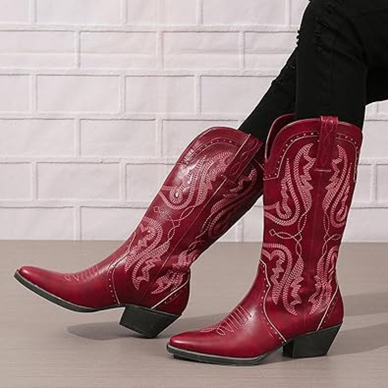 SelRoys Womens 11 Red Faux Leather 2" Heel Pull On Mid Calf Cowboy Boot Shoes