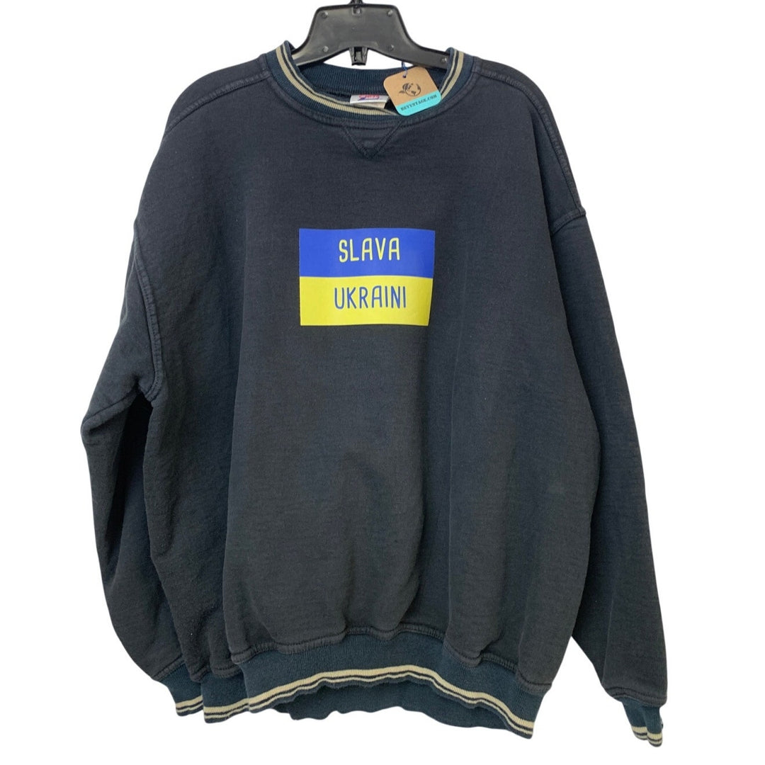 Upcycled Hand Printed Mens XL Slava Ukraini Save Ukraine Flag Crew Sweatshirt