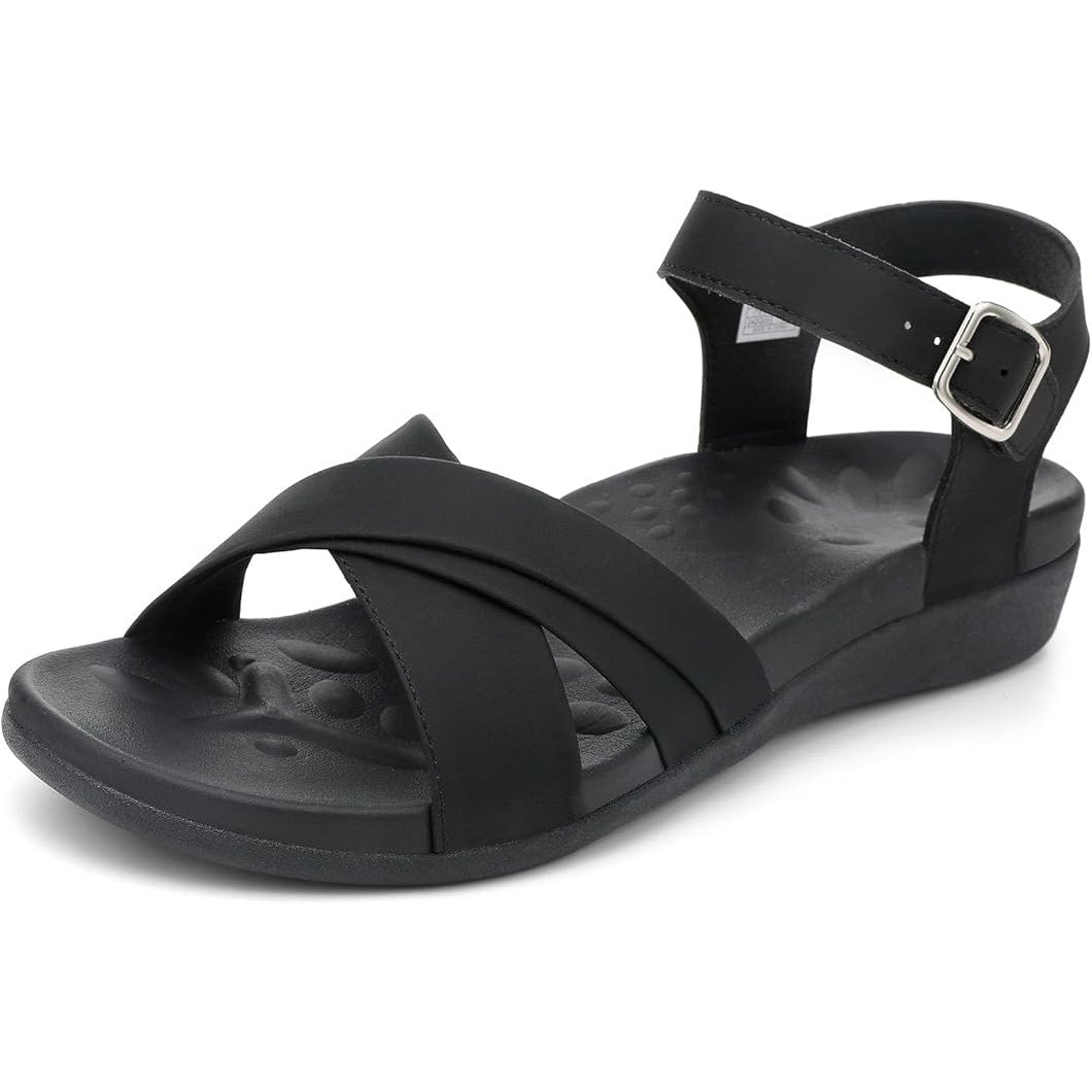 Utenag Womens Size 9.5 Black Open Toe Buckle Strap Comfort Flat Walking Sandals